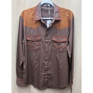 COOFANDY Mens Western Cowboy Shirt Brown Two Tone Suede Yoke Embroidered Medium